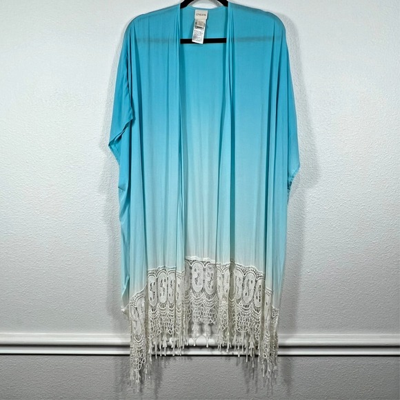 Chico's Sweaters - Chico's Dip Dye Ruana Lace Detail Women's S/M Blue Turquoise Duster Boho Hippie